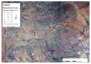 Locations and artefact densities in the five transects surveyed in the Rutherfords Creek catchment. Red dots indicate the lowest artefact densities and the blue dots the highest artefact densities. The colour changes in the far left of the background image are due to differences in air photo resolution across a run boundary.