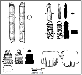Byrne Collection: Examples of carved bone artefacts.