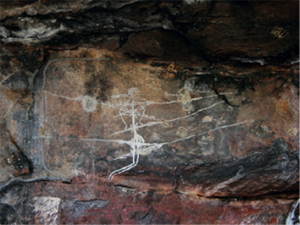 A male human figure with spears penetrating his body at Bindjarran (published in Australian Archaeology 80:106).