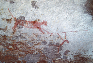 Man spearing a 'large' striped quadruped alleged to represent Thylacoleo (published in Australian Archaeology 80:41).