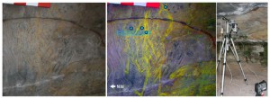 The Woronora Plateau motifs analysed by Jillian Huntley (left and middle), and the PXRF in action (right).