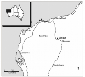 Map showing the location of Malea Rockshelter in the Pilbara (published in Australian Archaeology 56:44).