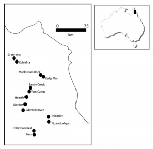 SE Cape York Peninsula showing location of sites (published in Australian Archaeology 60:37).