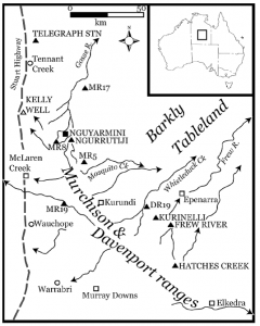 Location of sites in the Murchison and Davenport Ranges (published in Australian Archaeology 57:82).