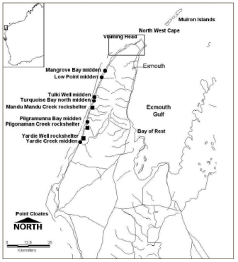 Map showing inset of study area and midden sites in the Cape Range Peninsula, northwest Australia (published in Australian Archaeology 56:12).