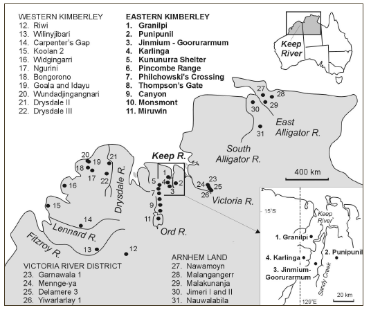 Local of major archaeological excavation sites in the Kimberley, Keep River region and Arnhem Land (published in Australian Archaeology 59:1).