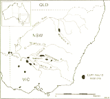 Map showing location of earth mounds in southeast Australia (published in Australian Archaeology 42:39).
