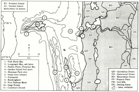Location of Rottnest and Garden Islands off the WA coastline (published in Australian Archaeology 33:39).