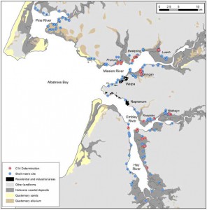 Shell matrix site distribution at Albatross Bay showing sites where radiocarbon determinations have been obtained.