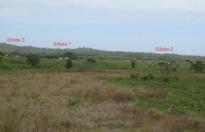 View southward to Edubu 1, Edubu 2 and Edubu 3 from site ABBK, excavations in progress October 2009 (photograph courtesy of Ian McNiven).